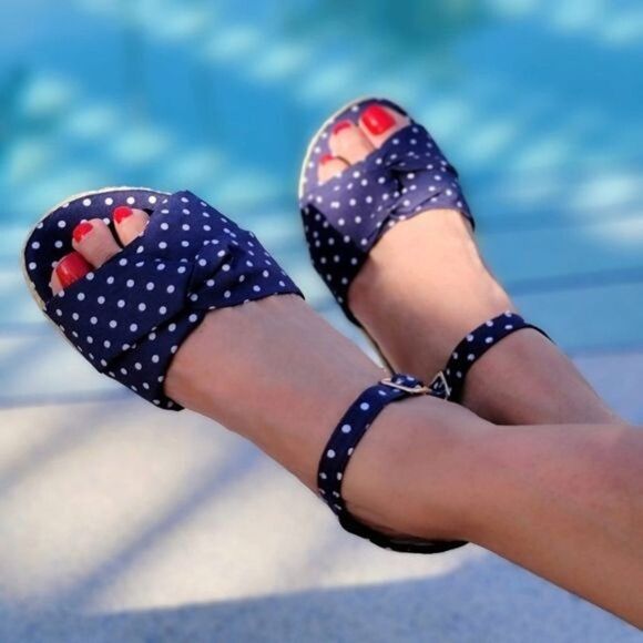Shoes - Women's Espadrille Open Toe Polkadot Ankle Strap Flat Sandals Blue Color